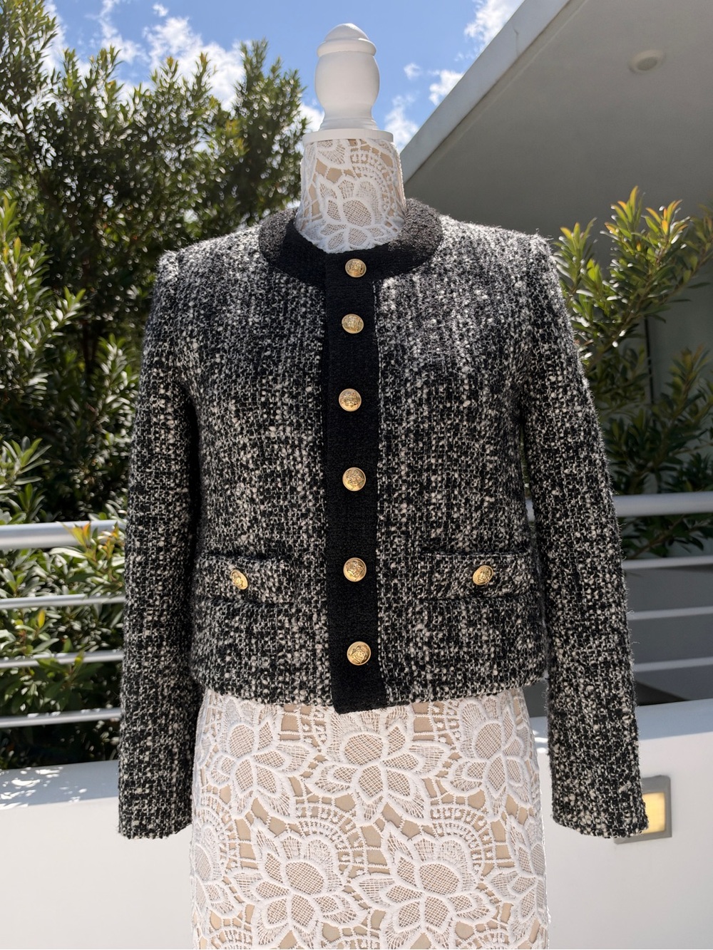CELINE Paris Cropped Black & White Tweed Jacket Gold Crest Buttons FR 36